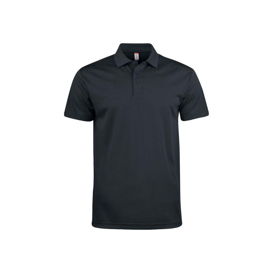 POLO TÉCNICO · TEJIDO SPUN-DYED · 3 BOTONES · CORTE MODERNO · REFORZADO · BASIC ACTIVE BLACK FRONT