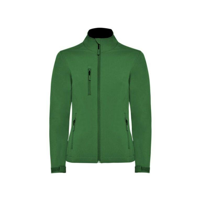 CHAQUETA SOFTSHELL MUJER · TEJIDO POLAR DOBLE CAPA · AMBIENTES FRÍOS · ELÁSTICA VERDE BOTELLA FRONT