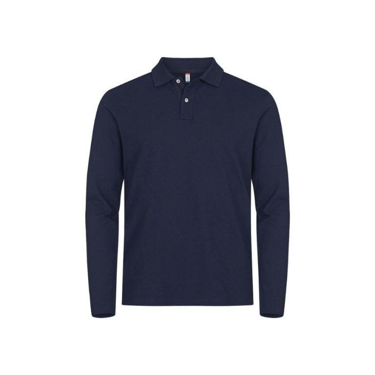POLO HOMBRE DE MANGA LARGA · ALTA CALIDAD · BUENA ELASTICIDAD · 215 GSM · PRE-ENCOGIDO MARINO DEL