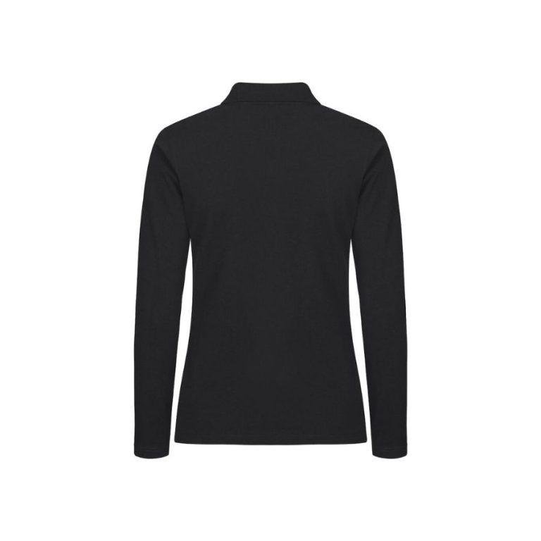 POLO MUJER MANGA LARGA ELÁSTICO · ALTA CALIDAD · SIN PUÑOS · PRE-ENCOGIDO · 215GSM · BLACK FRONT