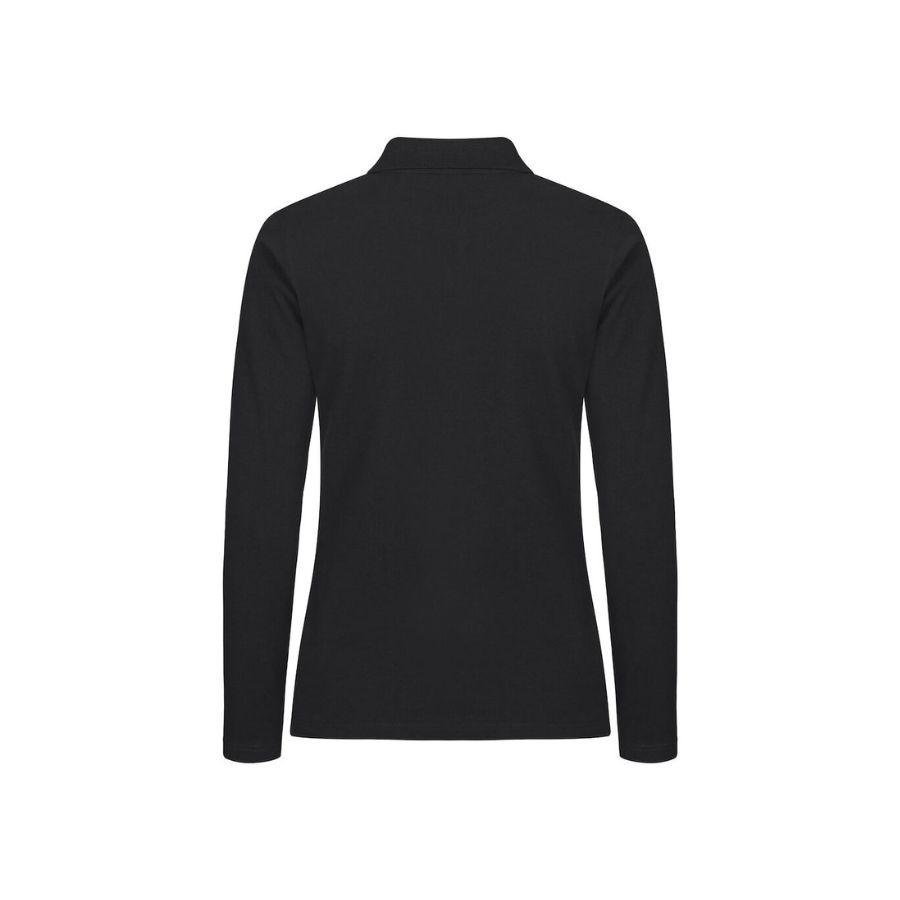 POLO MUJER MANGA LARGA ELÁSTICO · ALTA CALIDAD · SIN PUÑOS · PRE-ENCOGIDO · 215GSM · BLACK BACK