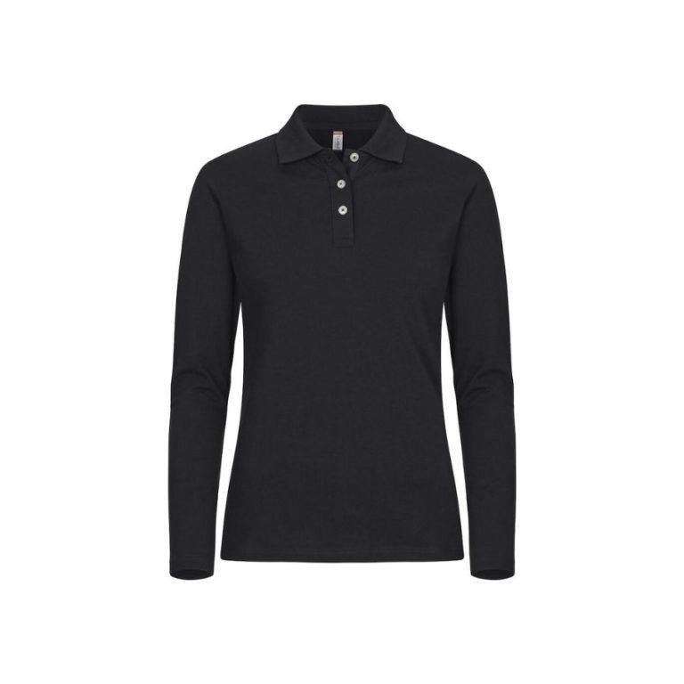 POLO MUJER MANGA LARGA ELÁSTICO · ALTA CALIDAD · SIN PUÑOS · PRE-ENCOGIDO · 215GSM · BLACK FRONT