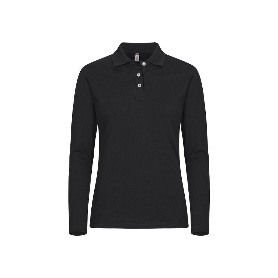 POLO MUJER MANGA LARGA ELÁSTICO · ALTA CALIDAD · SIN PUÑOS · PRE-ENCOGIDO · 215GSM · BLACK FRONT