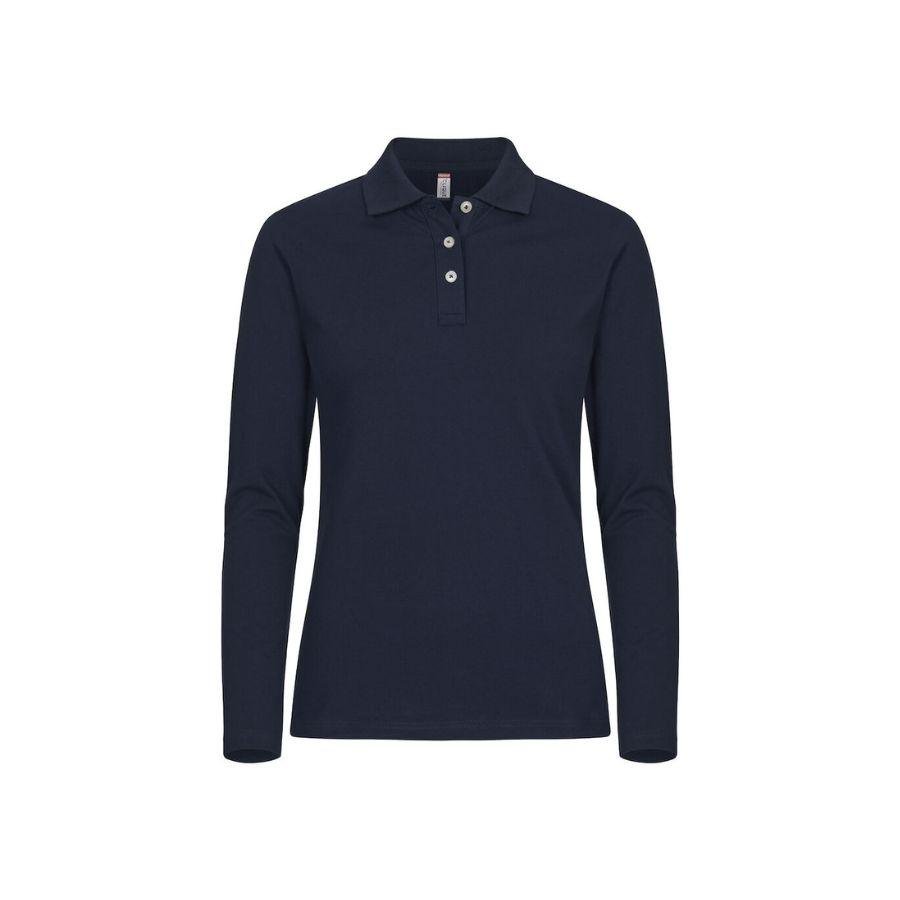 POLO MUJER MANGA LARGA ELÁSTICO · ALTA CALIDAD · SIN PUÑOS · PRE-ENCOGIDO · 215GSM · MARINO FRONT