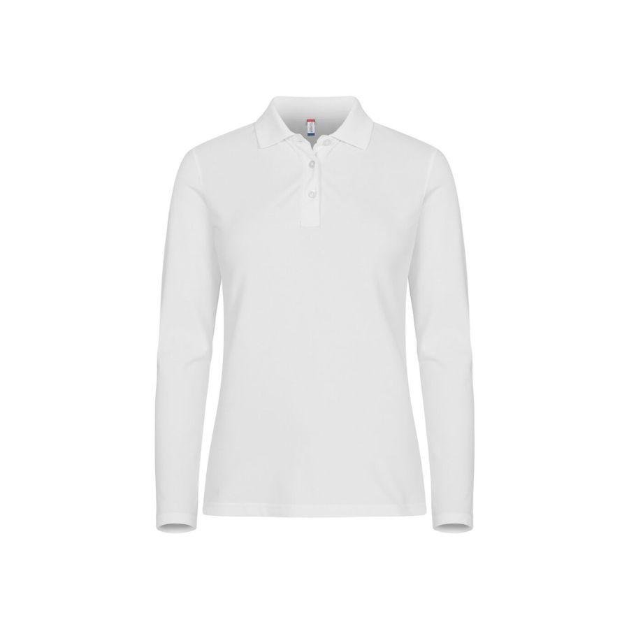 POLO MUJER MANGA LARGA ELÁSTICO · ALTA CALIDAD · SIN PUÑOS · PRE-ENCOGIDO · 215GSM · WHITE FRONT