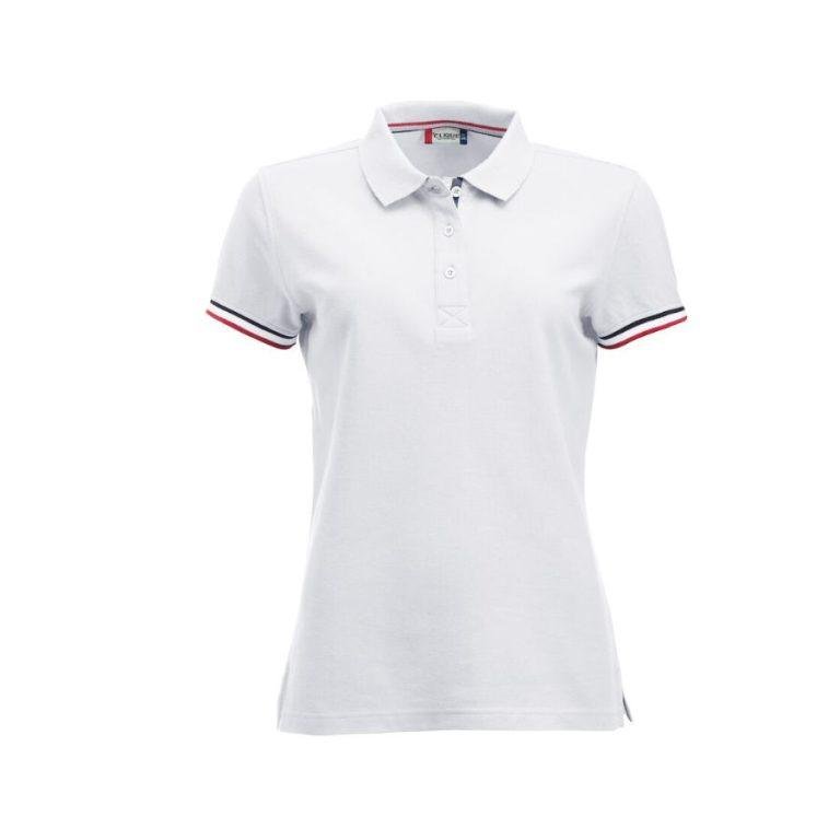 POLO MUJER PIQUÉ · MANGA CORTA CON RIBETE TRICOLOR · 100% ALGODÓN PEINADO · 190 GSM · NEWTON W BLANCO DEL