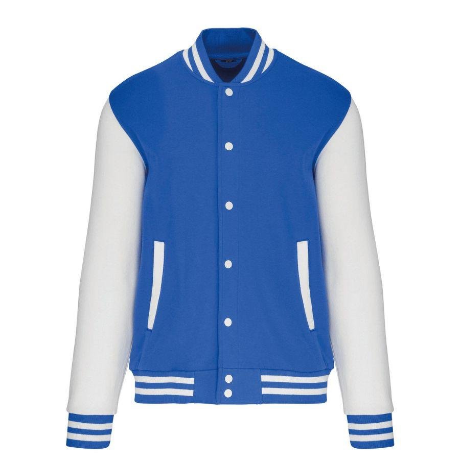 Chaqueta de Béisbol · Estilo Universitario · Personalizable Parche Bordado Blanco-Azul Royal