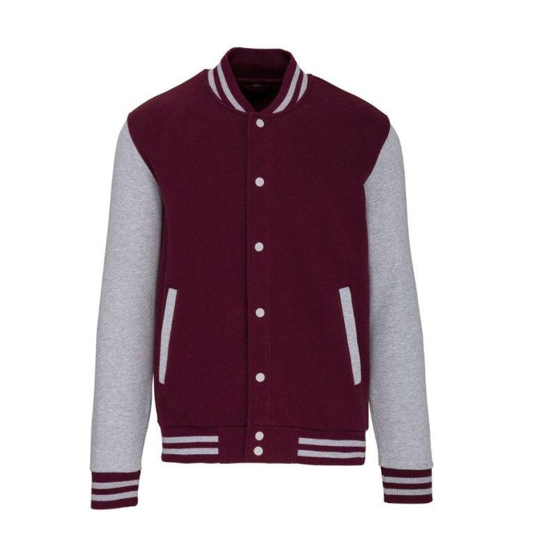 Chaqueta de Béisbol · Estilo Universitario · Personalizable Parche Bordado Gris Oxford-Morado Vino